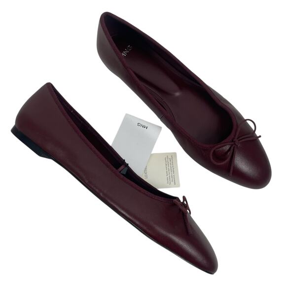 Mango MNG Bow Leather Ballet Flats Burgundy Size 39/US 8.5 - Picture 3 of 12